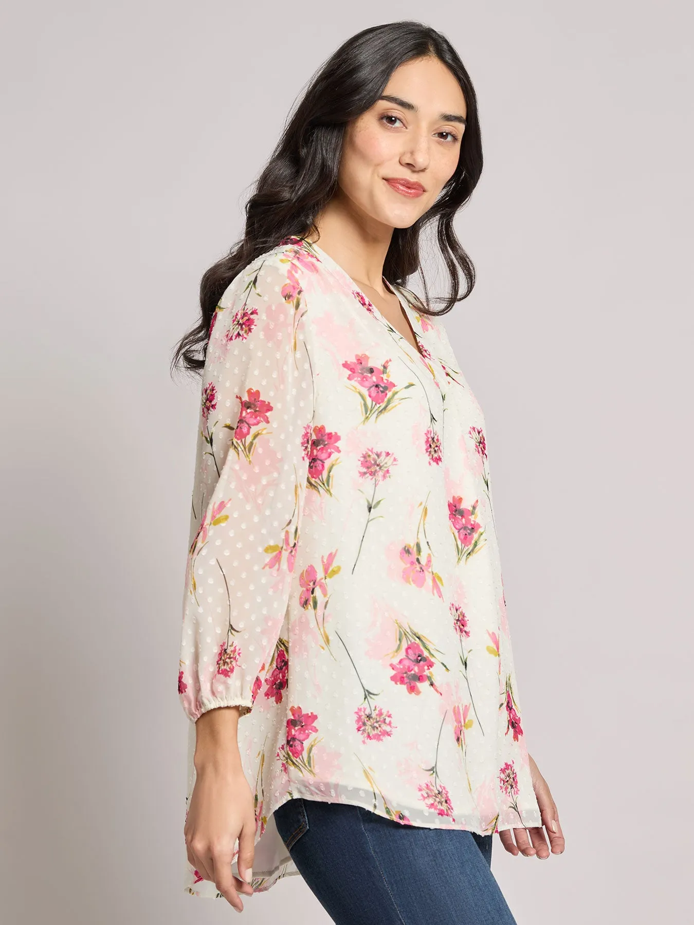 Print V-Neck Pleated Kelly Blouse, Chiffon