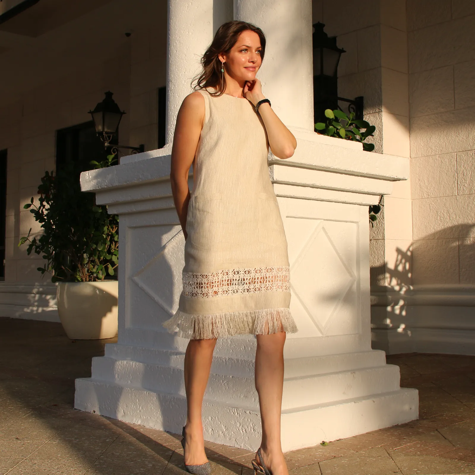 Raffia Fringe Linen Dress with Pockets