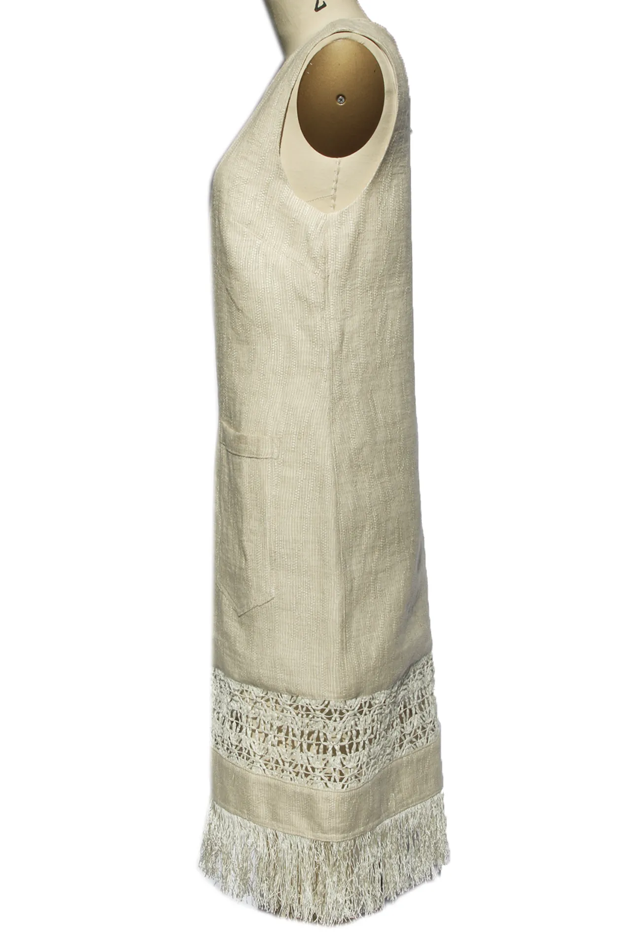 Raffia Fringe Linen Dress with Pockets