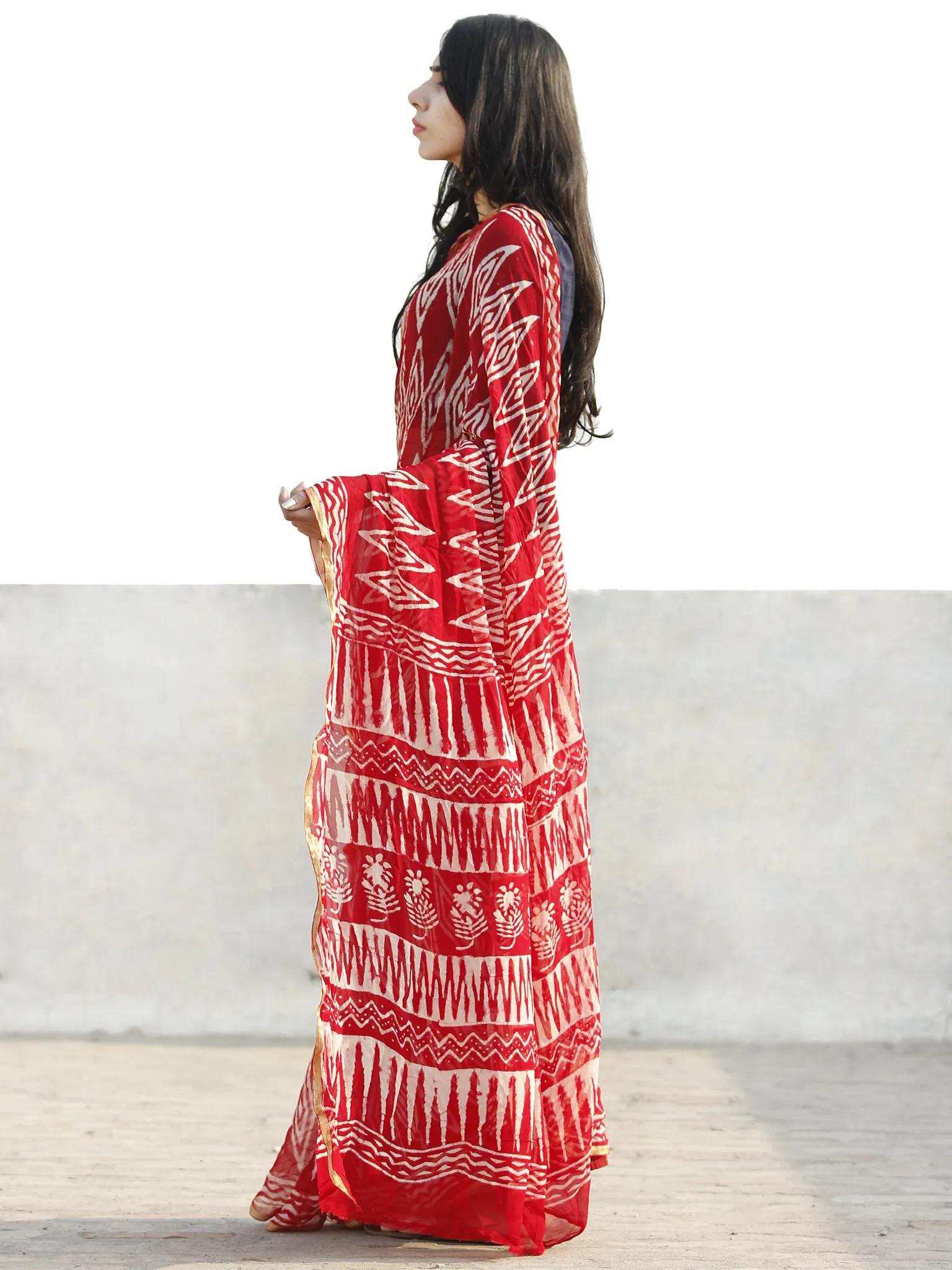 Red and White  Hand Block Printed Chiffon Saree with Zari border- S031702693