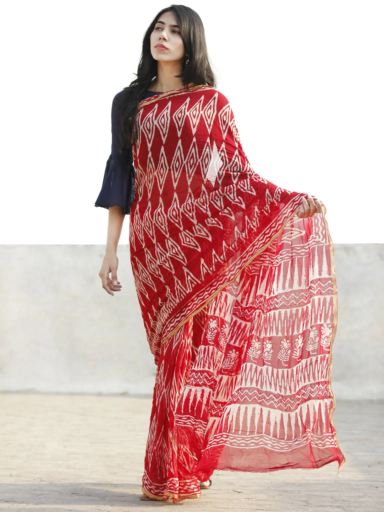 Red and White  Hand Block Printed Chiffon Saree with Zari border- S031702693