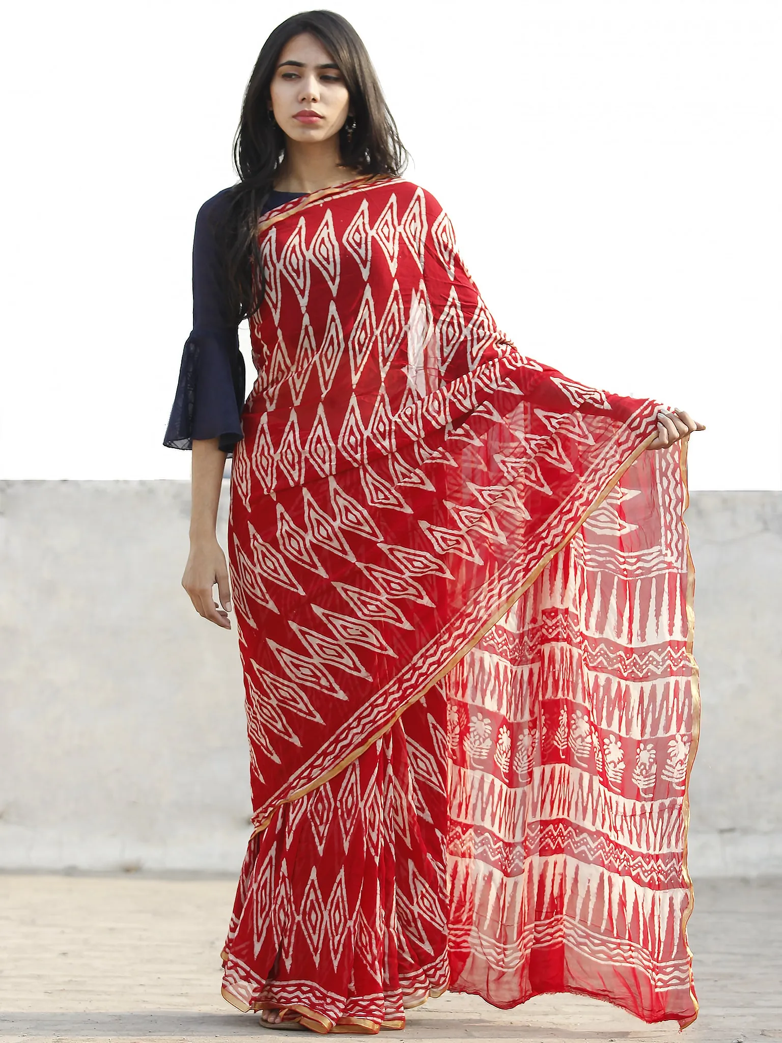 Red and White  Hand Block Printed Chiffon Saree with Zari border- S031702693