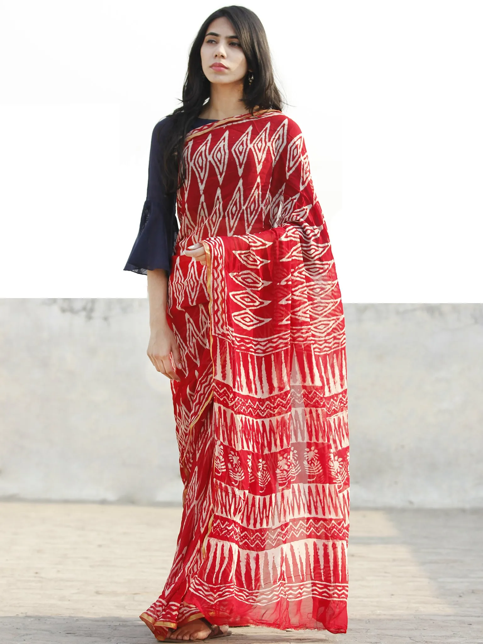 Red and White  Hand Block Printed Chiffon Saree with Zari border- S031702693