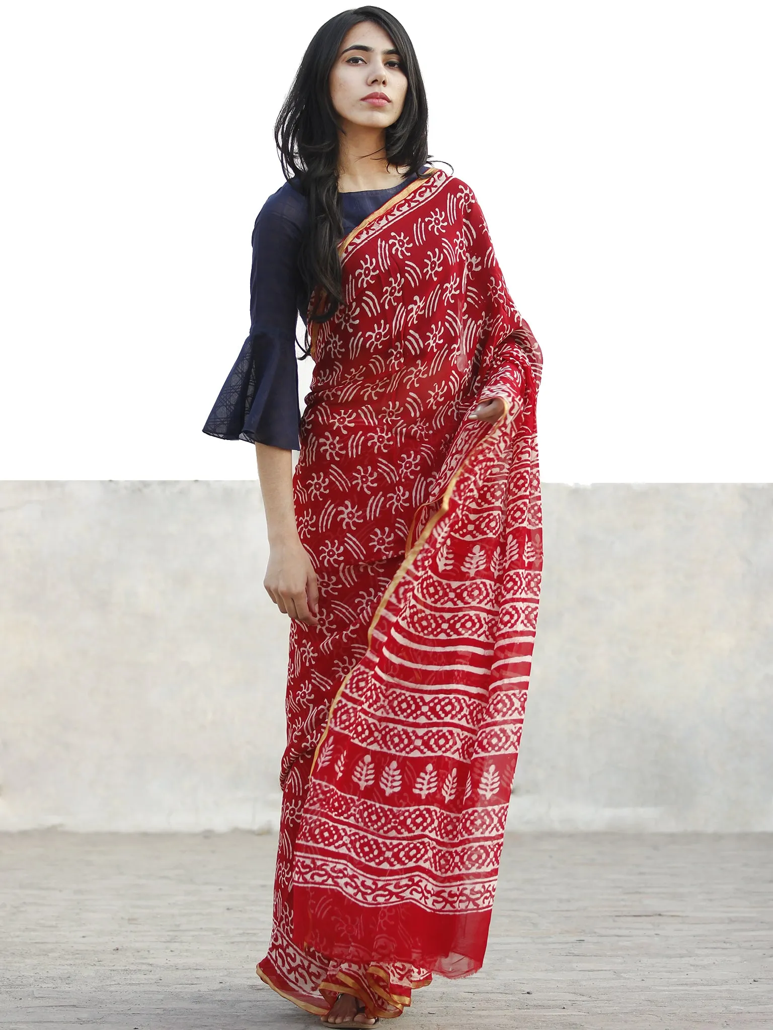 Red and White  Hand Block Printed Chiffon Saree with Zari border- S031702719