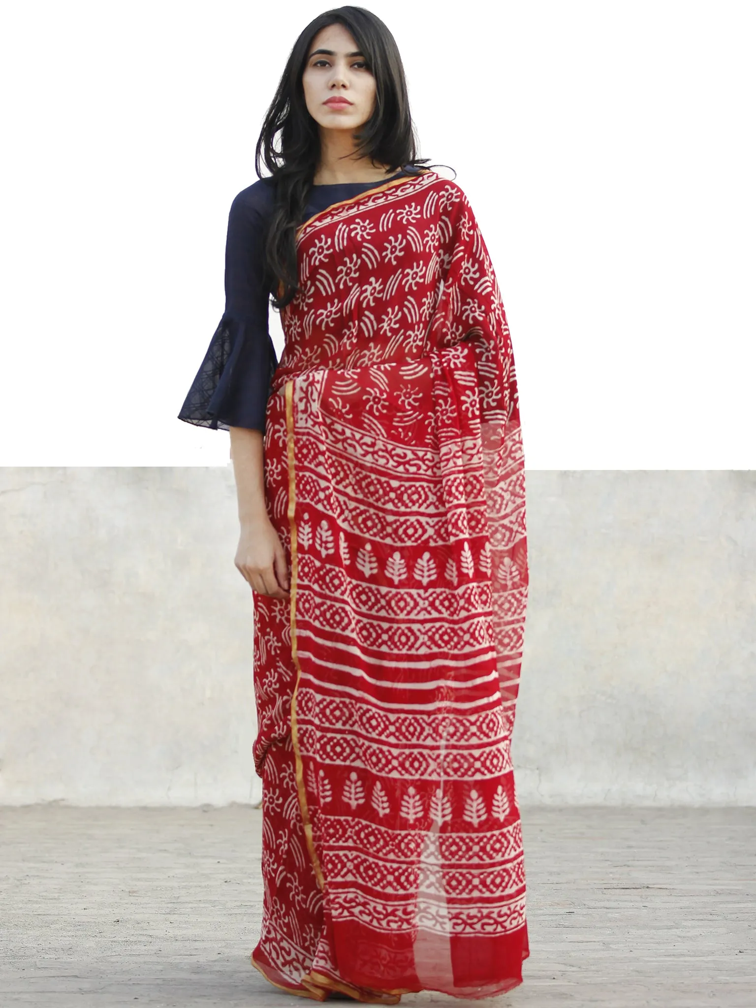 Red and White  Hand Block Printed Chiffon Saree with Zari border- S031702719