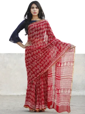 Red and White  Hand Block Printed Chiffon Saree with Zari border- S031702719