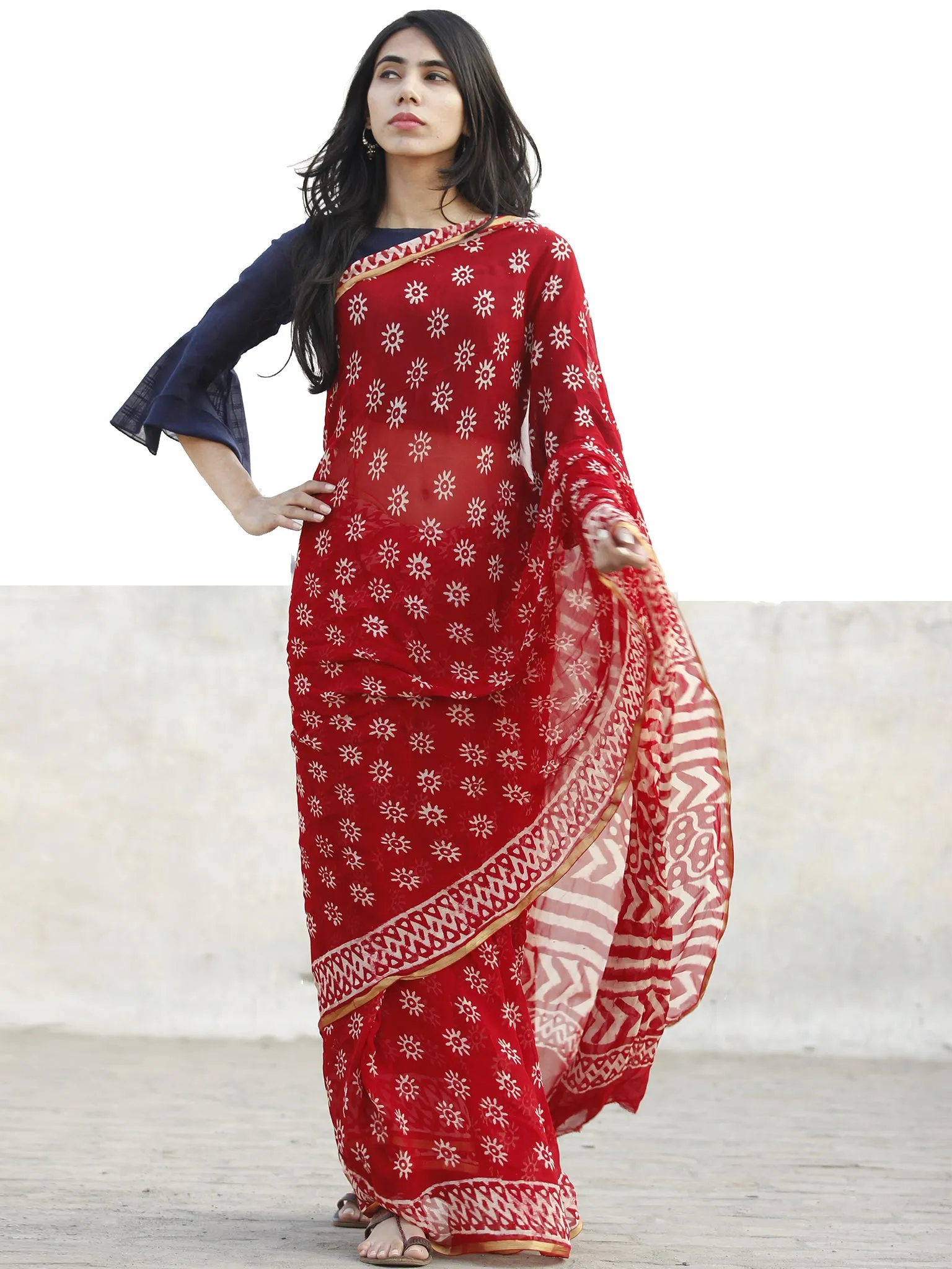 Red and White  Hand Block Printed Chiffon Saree with Zari border- S031702720