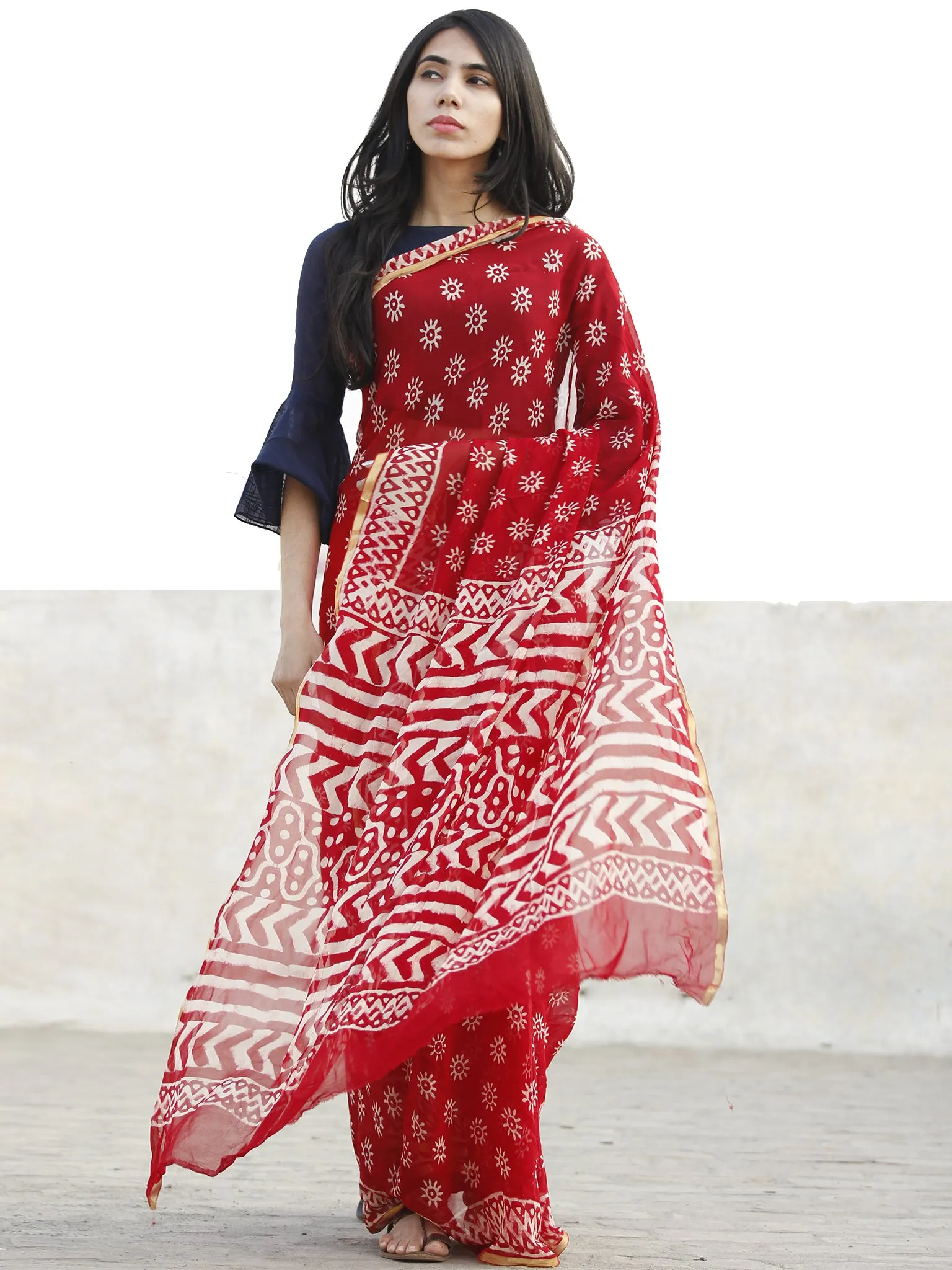 Red and White  Hand Block Printed Chiffon Saree with Zari border- S031702720