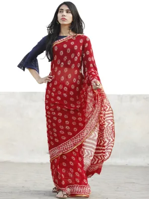 Red and White  Hand Block Printed Chiffon Saree with Zari border- S031702720