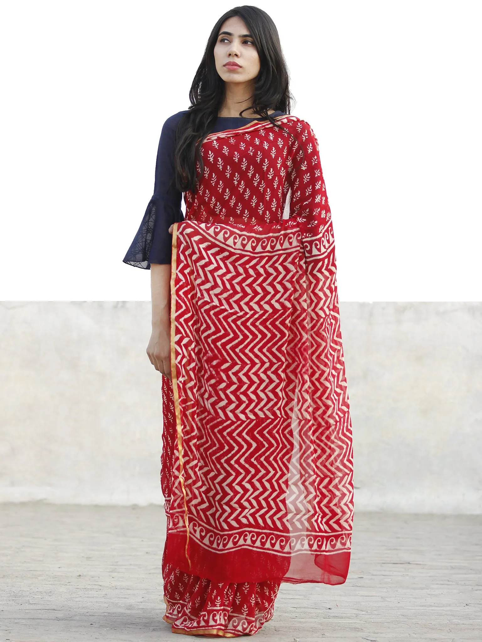 Red and White  Hand Block Printed Chiffon Saree with Zari border- S031702721