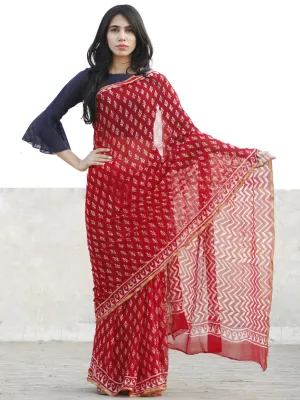Red and White  Hand Block Printed Chiffon Saree with Zari border- S031702721