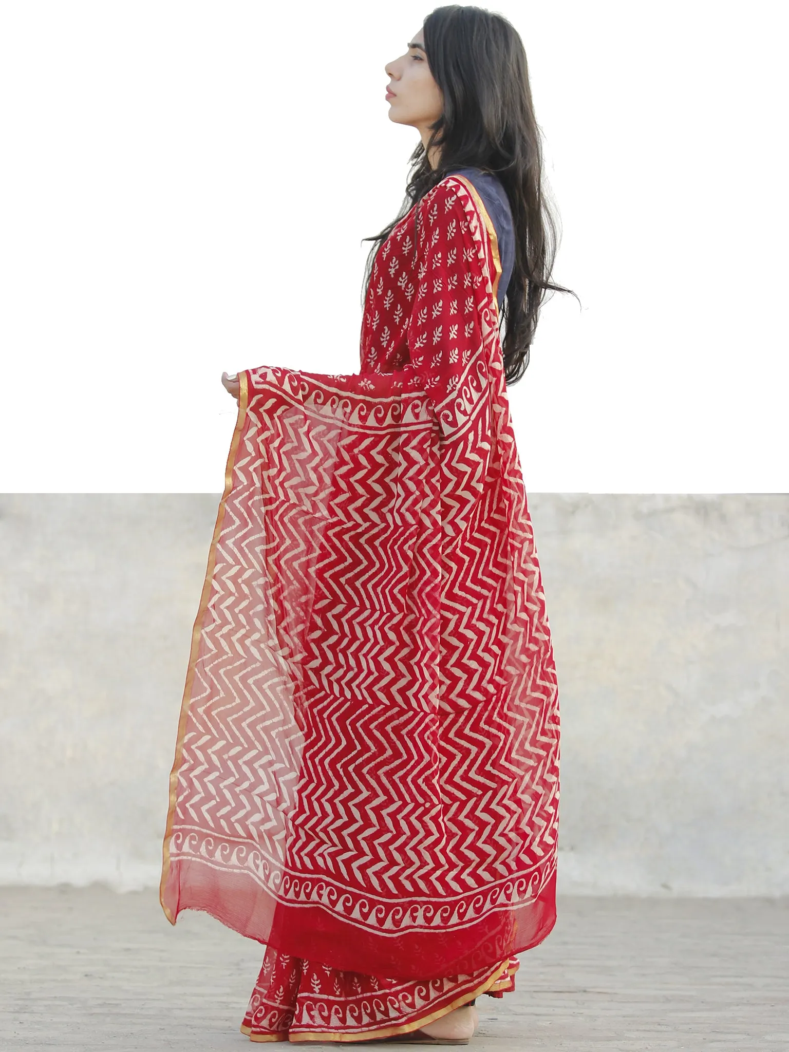 Red and White  Hand Block Printed Chiffon Saree with Zari border- S031702721