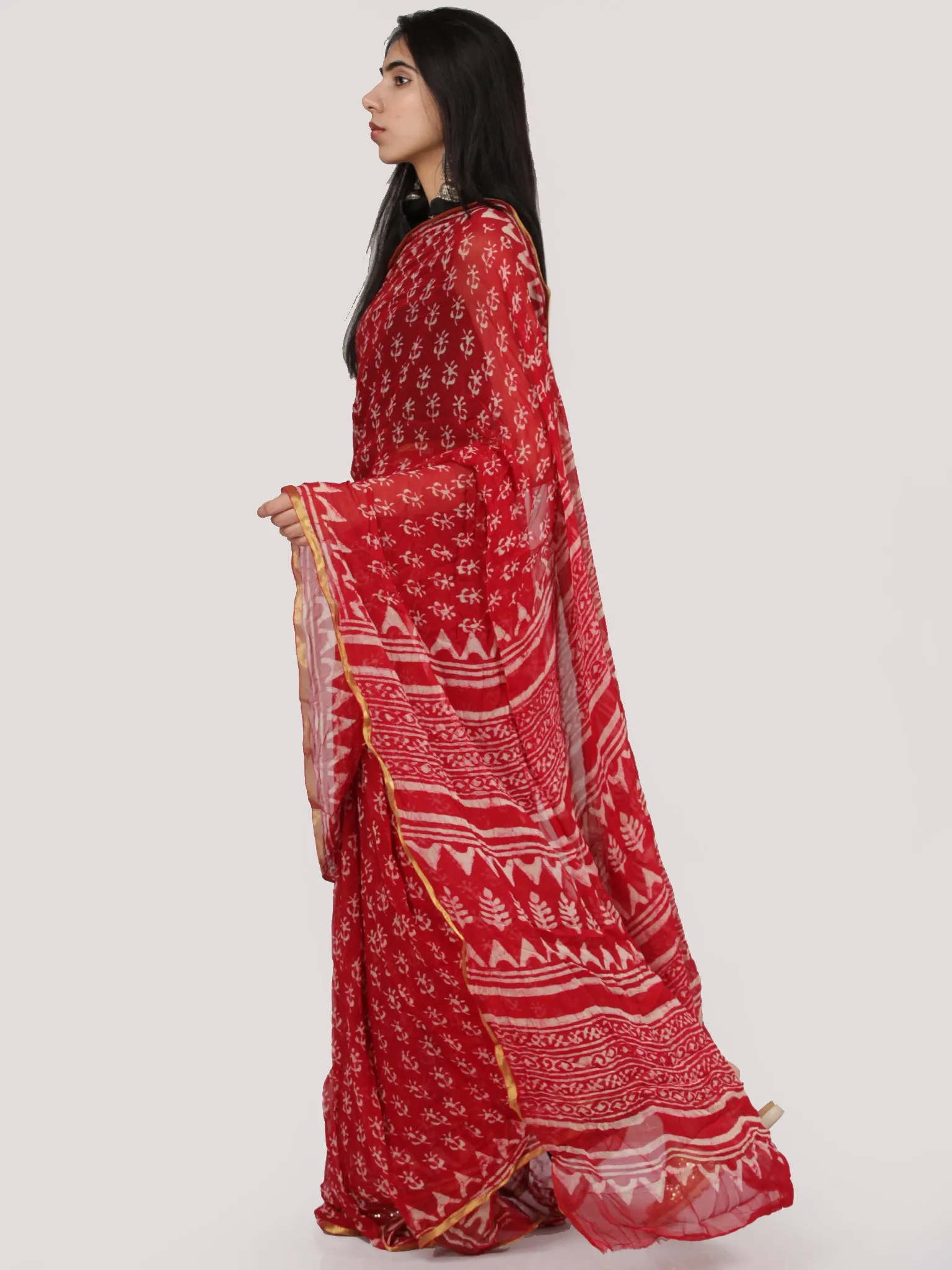 Red OffWhite Hand Block Printed Chiffon Saree With Zari Border - S031704707