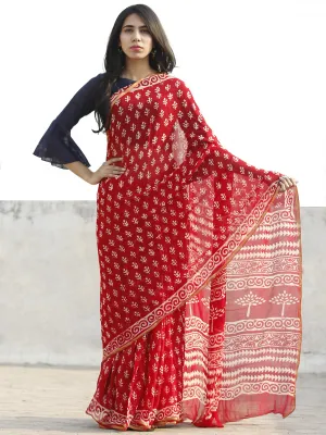 Red  White Hand Block Printed Chiffon Saree with Zari border- S031702694