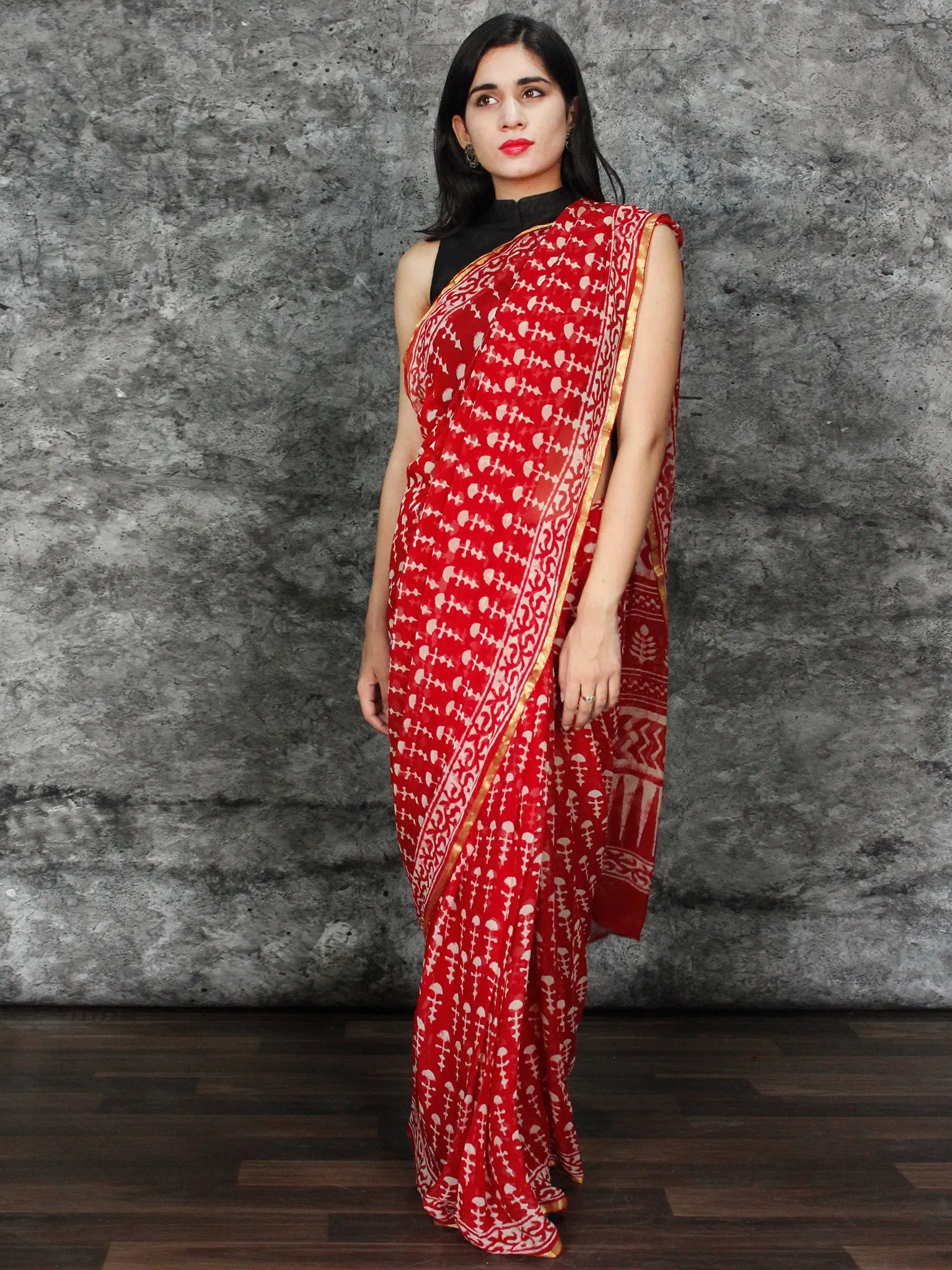 Red White Hand Block Printed Chiffon Saree with Zari Border - S031703124