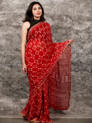Red White Hand Block Printed Chiffon Saree with Zari Border - S031703211