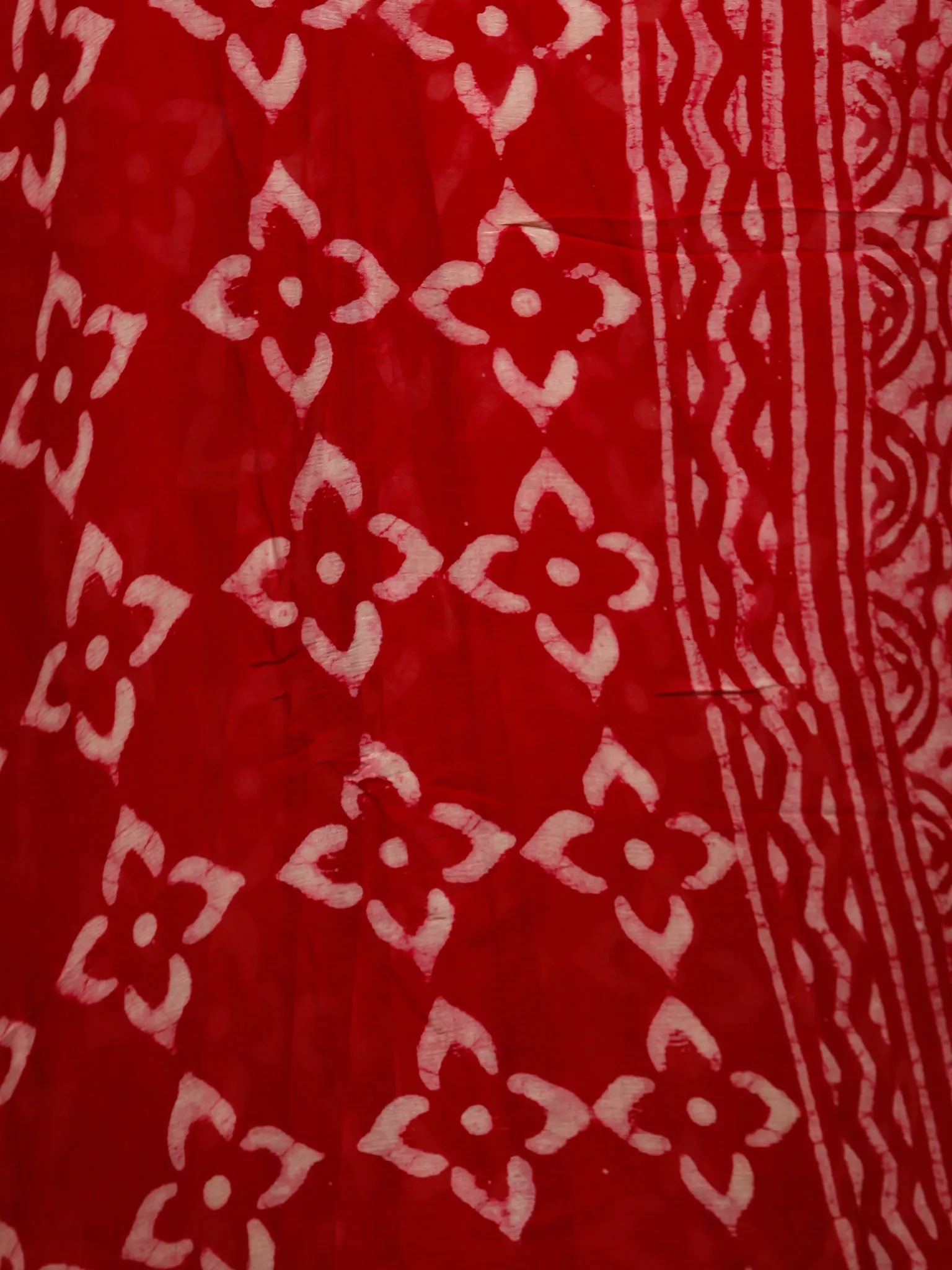 Red White Hand Block Printed Chiffon Saree with Zari Border - S031703211