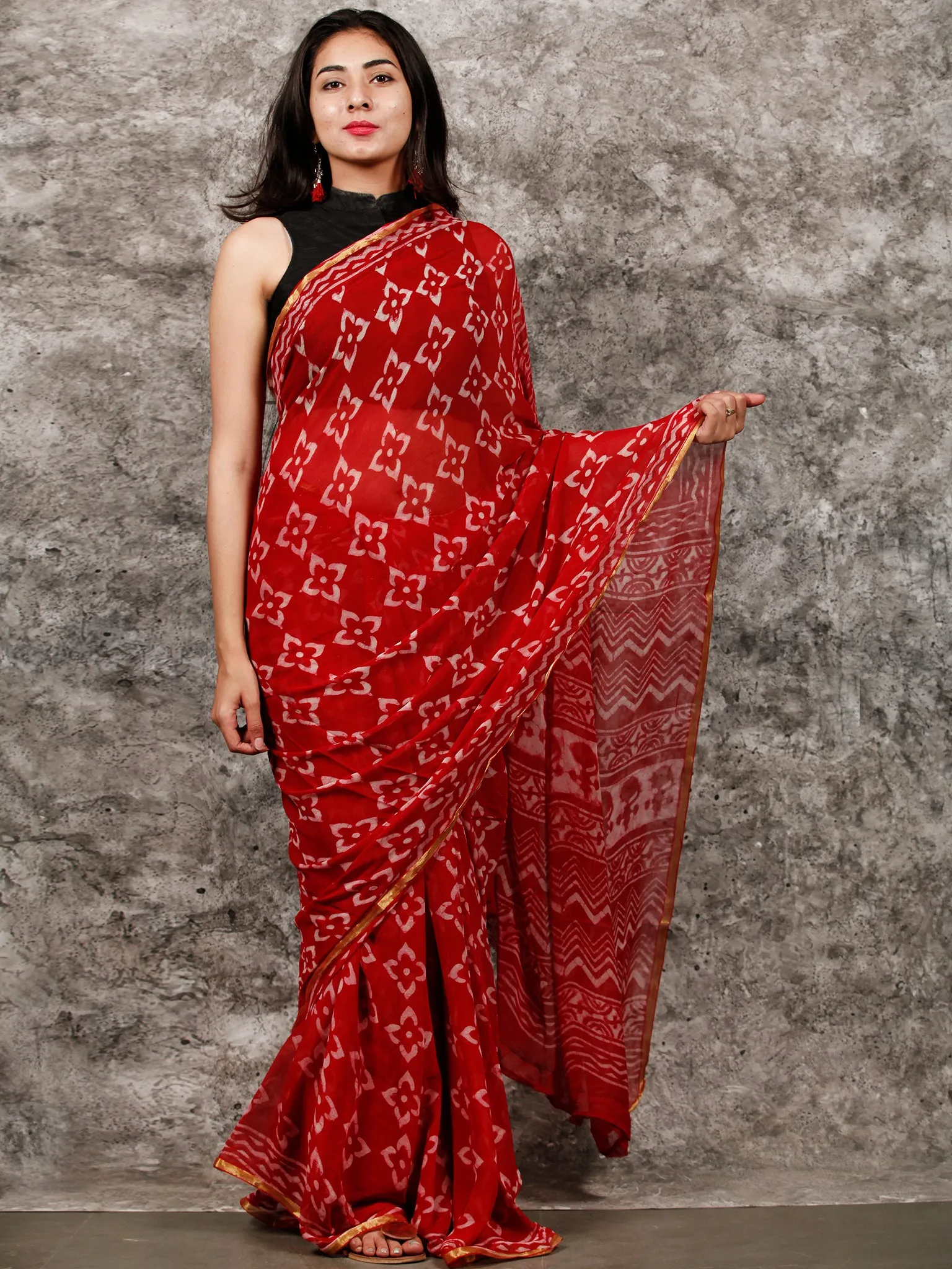 Red White Hand Block Printed Chiffon Saree with Zari Border - S031703211