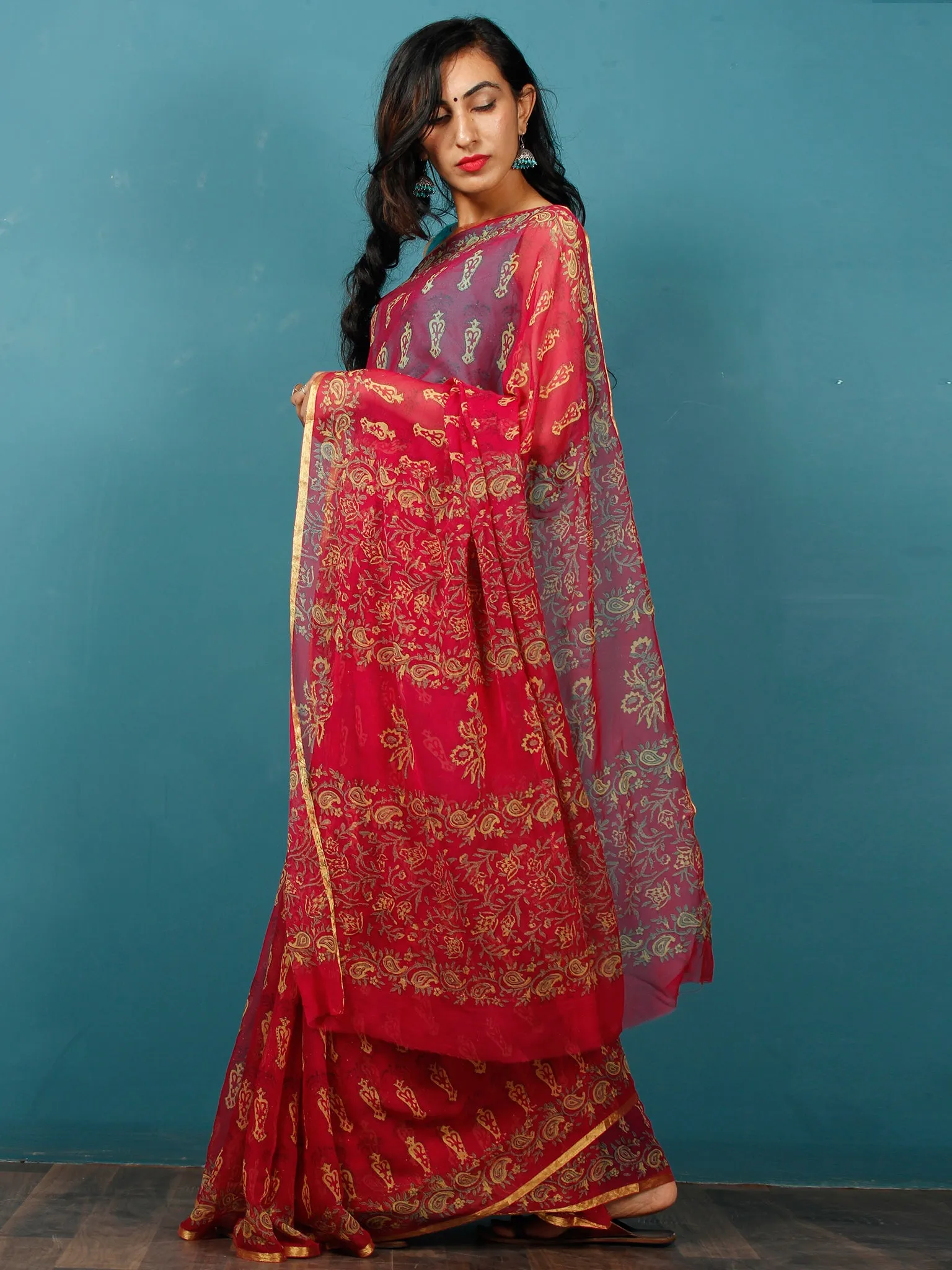 Red Yellow Hand Block Printed Chiffon Saree with Zari Border - S031702817