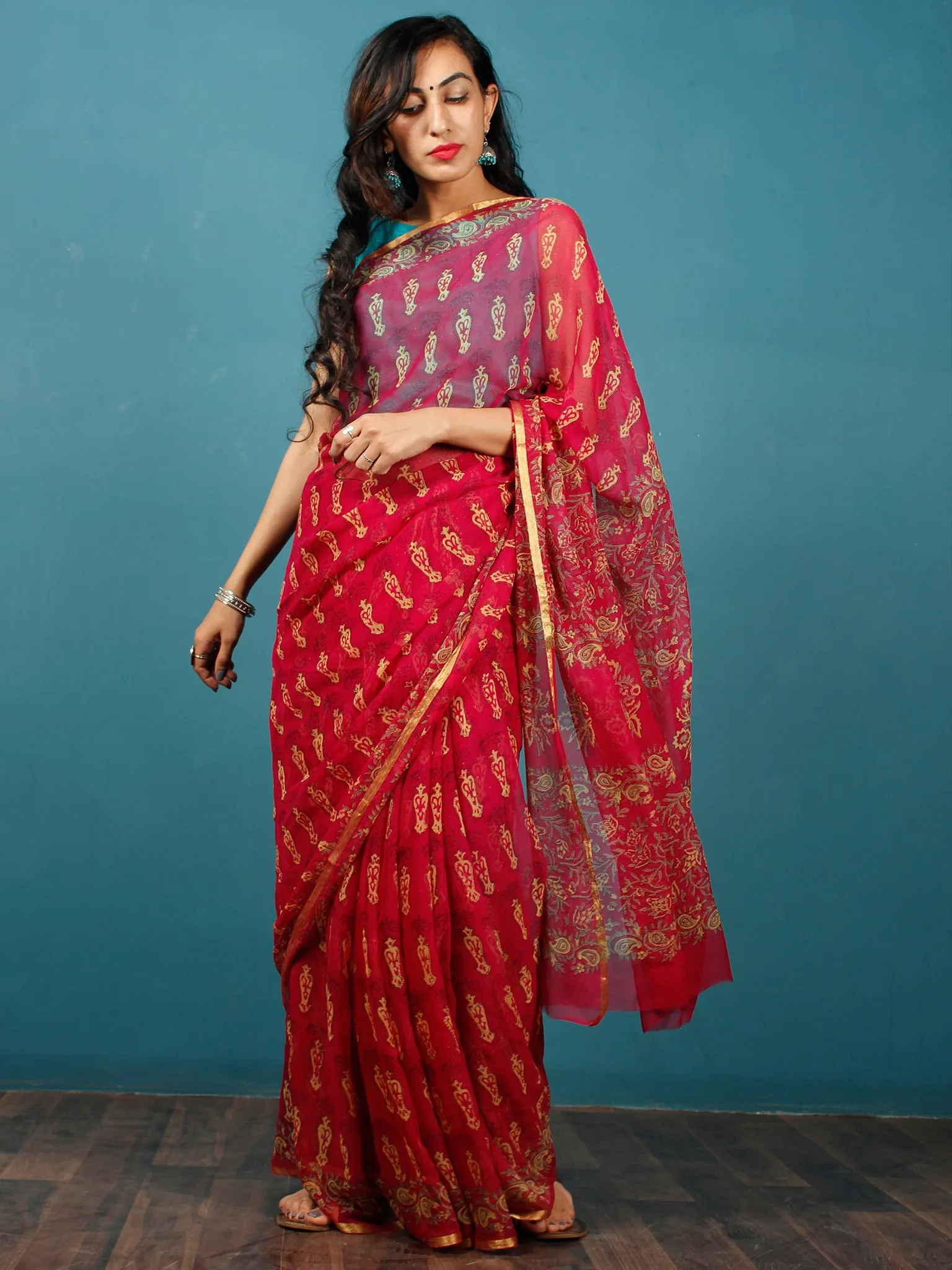Red Yellow Hand Block Printed Chiffon Saree with Zari Border - S031702817