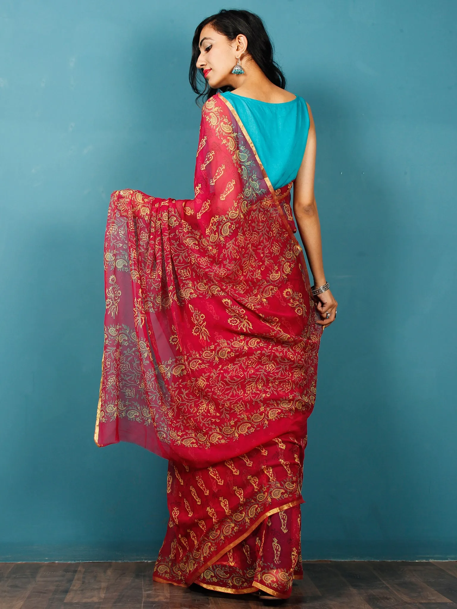 Red Yellow Hand Block Printed Chiffon Saree with Zari Border - S031702817
