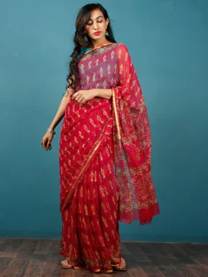 Red Yellow Hand Block Printed Chiffon Saree with Zari Border - S031702817