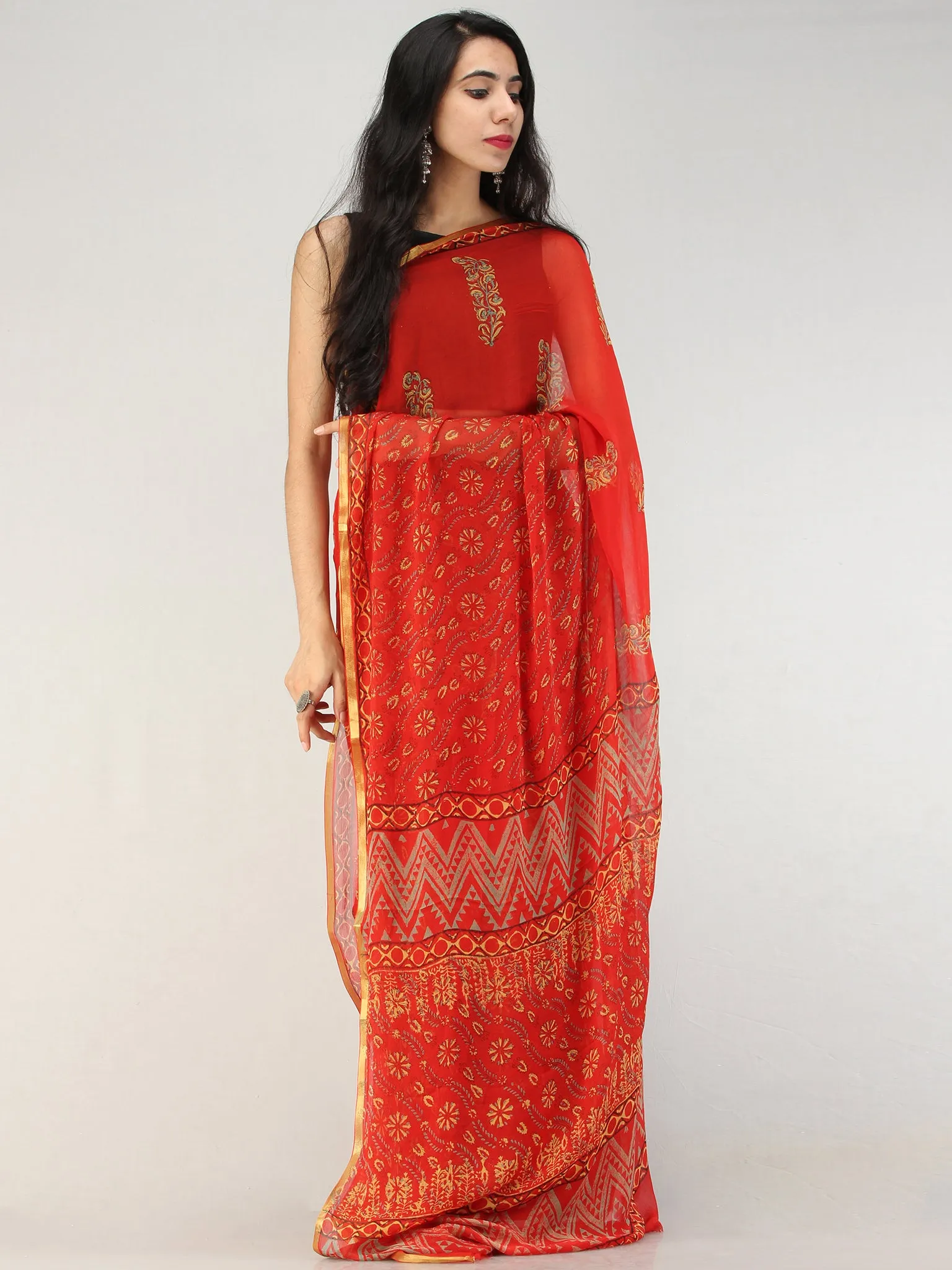 Red Yellow Hand Block Printed Chiffon Saree with Zari Border - S031704560