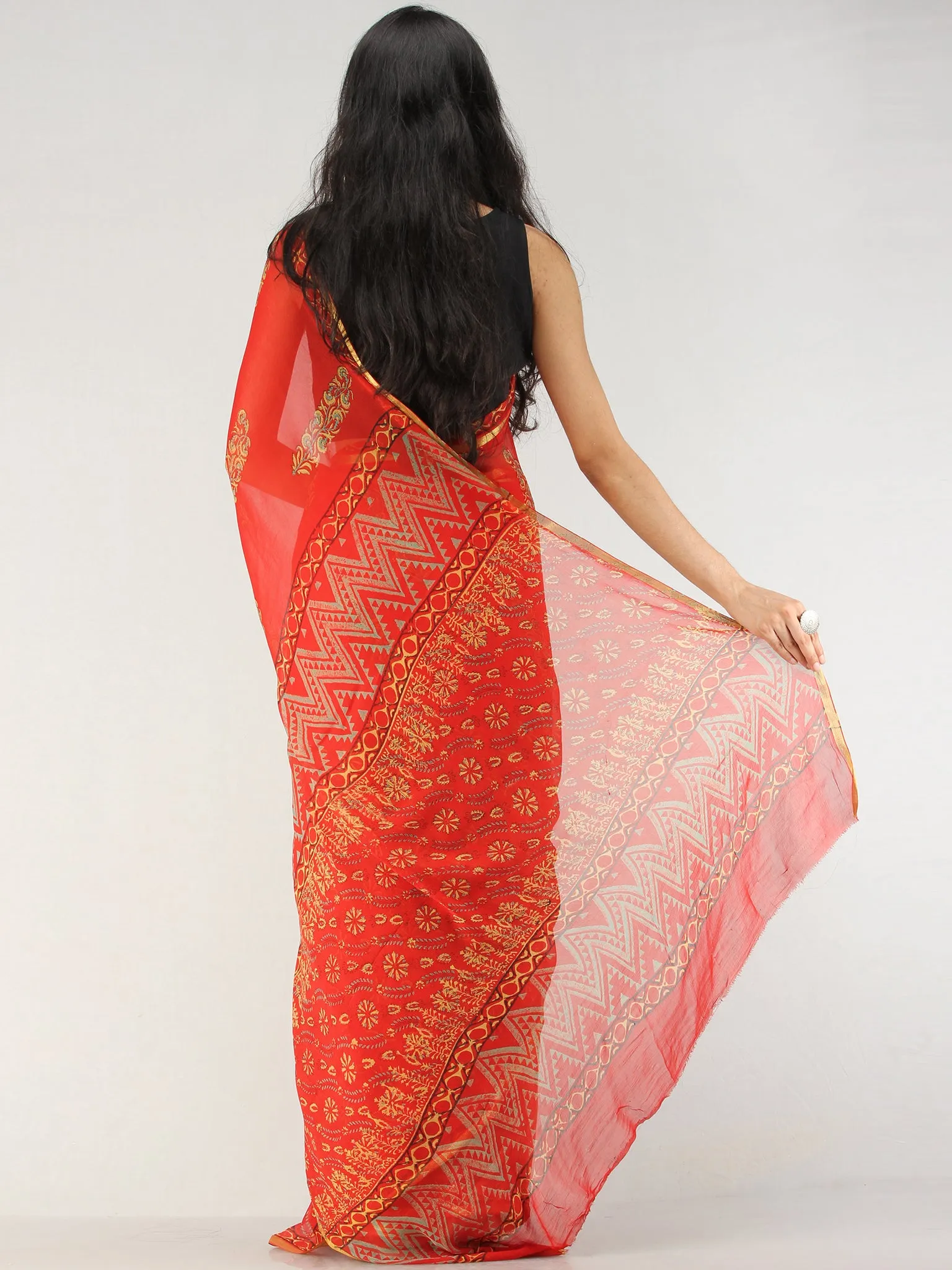 Red Yellow Hand Block Printed Chiffon Saree with Zari Border - S031704560
