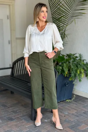 Renuar Saddleback Tencel Cropped Wide Leg Pant-Chive