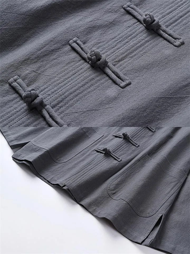 Retro Style Linen 2-Piece Outfit Button Collar Shirt   Full-Length Elastic Waistband Pants