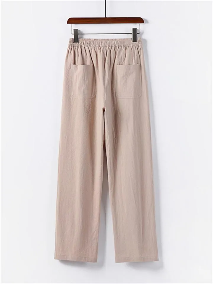 Retro Style Linen 2-Piece Outfit Button Collar Shirt   Full-Length Elastic Waistband Pants