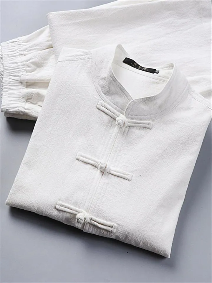 Retro Style Linen 2-Piece Outfit Button Collar Shirt   Full-Length Elastic Waistband Pants