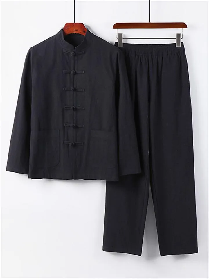 Retro Style Linen 2-Piece Outfit Button Collar Shirt   Full-Length Elastic Waistband Pants