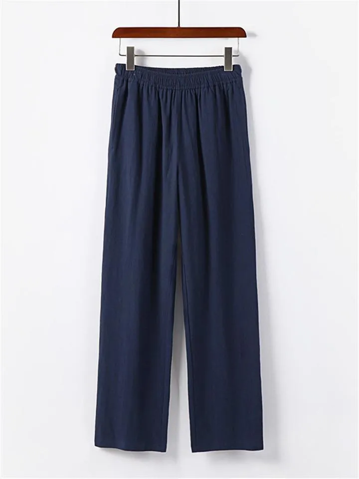 Retro Style Linen 2-Piece Outfit Button Collar Shirt   Full-Length Elastic Waistband Pants