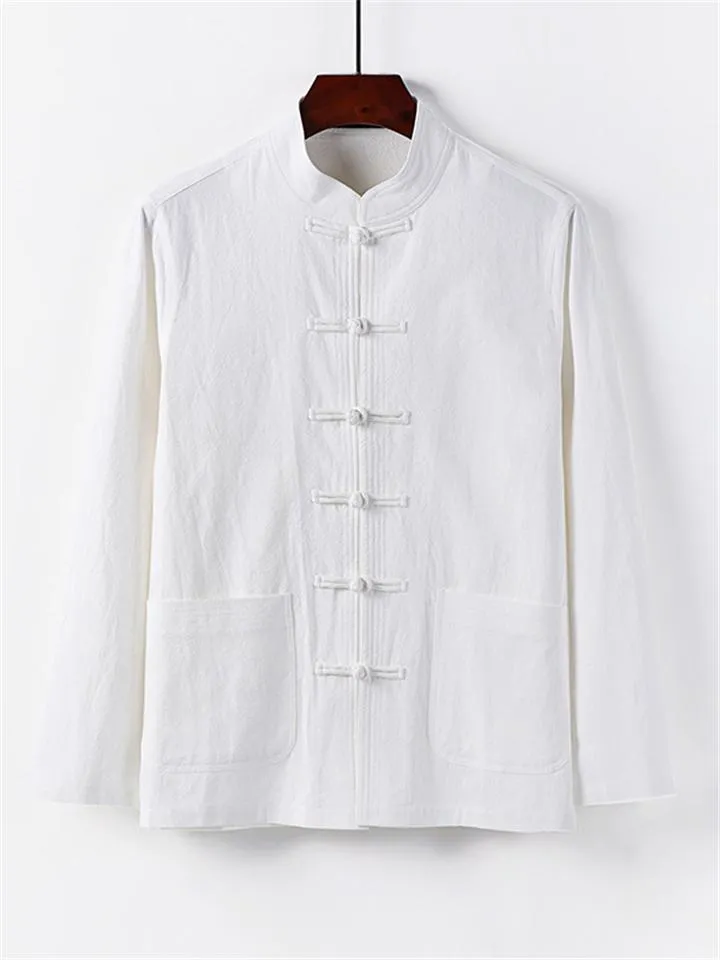 Retro Style Linen 2-Piece Outfit Button Collar Shirt   Full-Length Elastic Waistband Pants