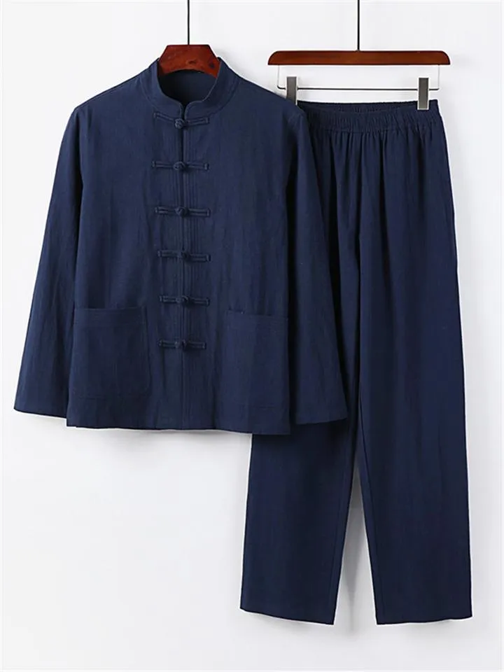 Retro Style Linen 2-Piece Outfit Button Collar Shirt   Full-Length Elastic Waistband Pants