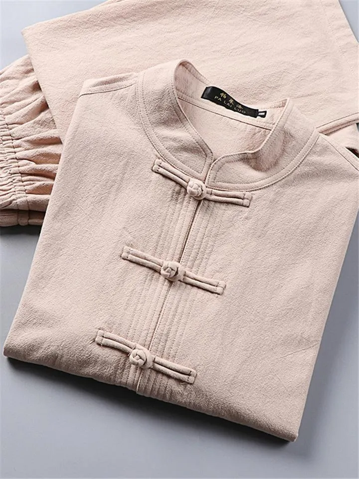 Retro Style Linen 2-Piece Outfit Button Collar Shirt   Full-Length Elastic Waistband Pants