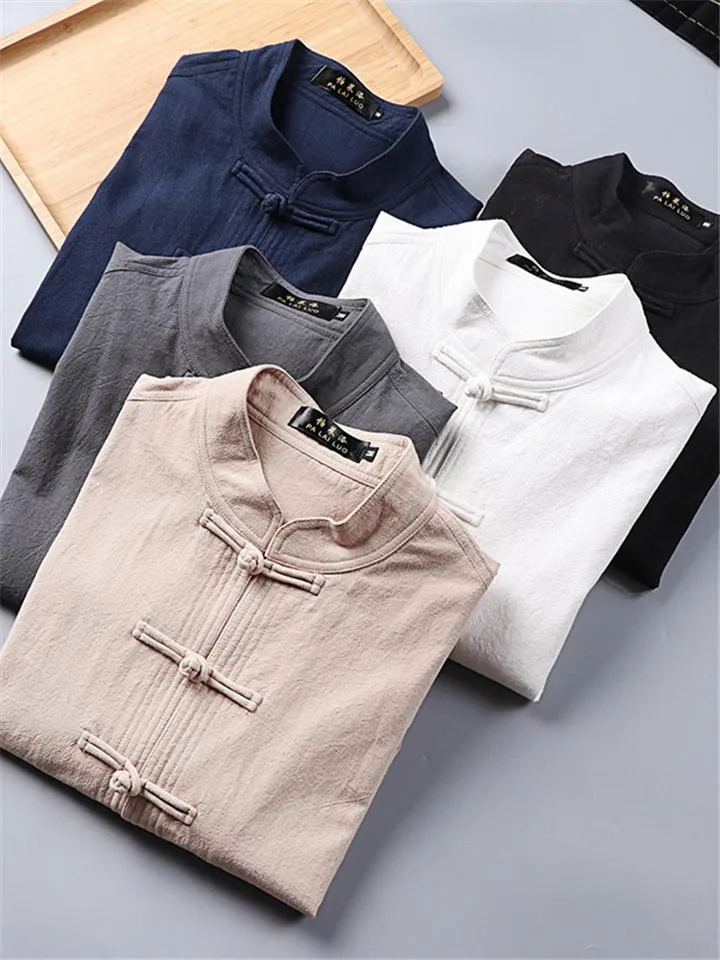 Retro Style Linen 2-Piece Outfit Button Collar Shirt   Full-Length Elastic Waistband Pants