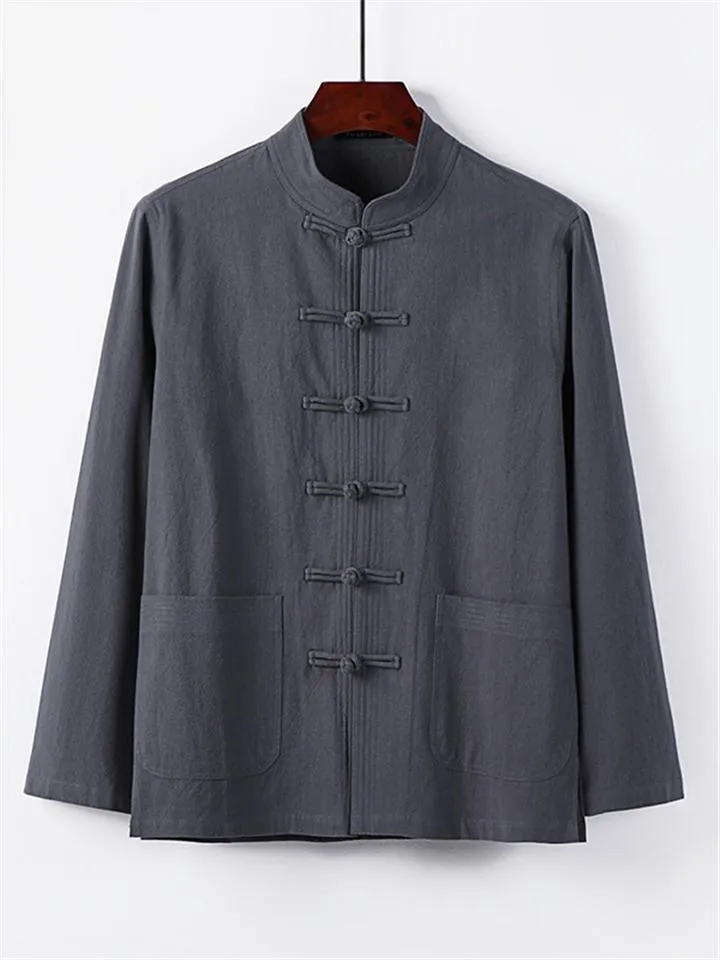 Retro Style Linen 2-Piece Outfit Button Collar Shirt   Full-Length Elastic Waistband Pants