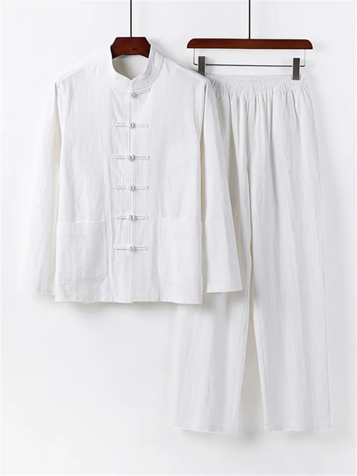 Retro Style Linen 2-Piece Outfit Button Collar Shirt   Full-Length Elastic Waistband Pants