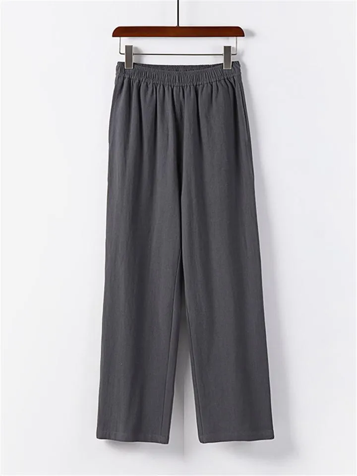 Retro Style Linen 2-Piece Outfit Button Collar Shirt   Full-Length Elastic Waistband Pants