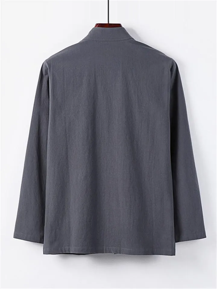 Retro Style Linen 2-Piece Outfit Button Collar Shirt   Full-Length Elastic Waistband Pants