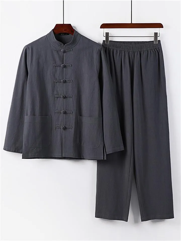 Retro Style Linen 2-Piece Outfit Button Collar Shirt   Full-Length Elastic Waistband Pants