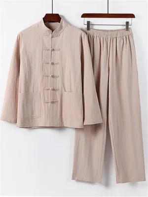 Retro Style Linen 2-Piece Outfit Button Collar Shirt   Full-Length Elastic Waistband Pants