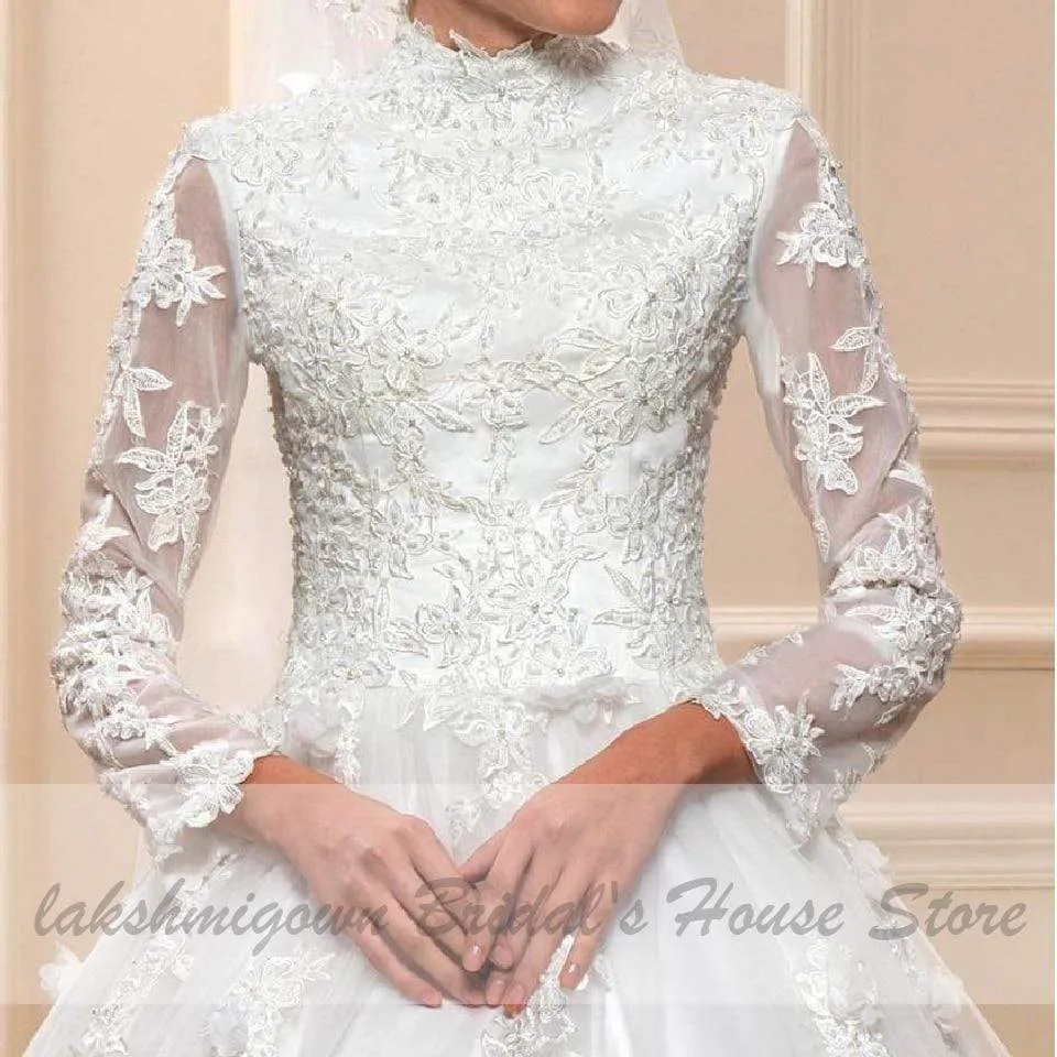 Roycebridal White Muslim Wedding Dress with Long Sleeves