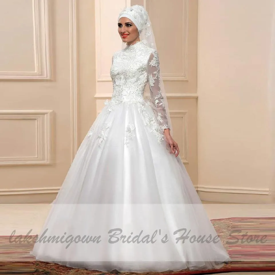 Roycebridal White Muslim Wedding Dress with Long Sleeves