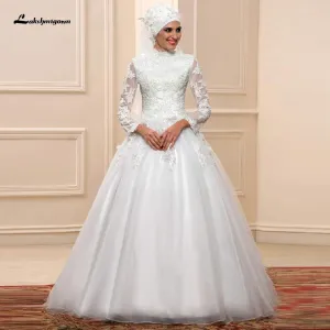 Roycebridal White Muslim Wedding Dress with Long Sleeves