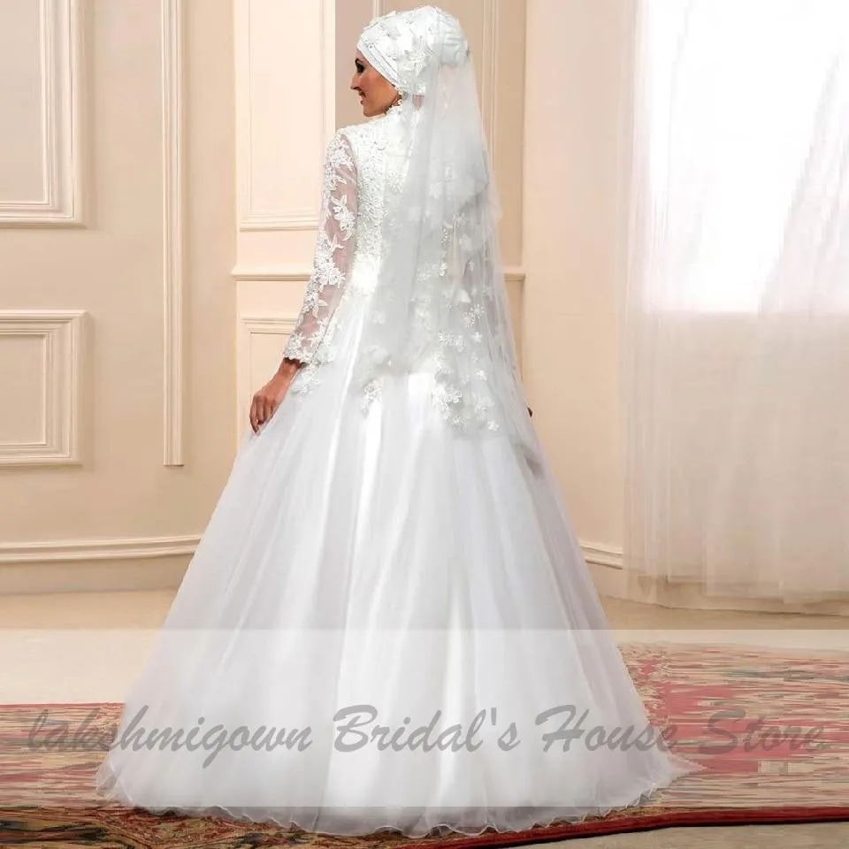 Roycebridal White Muslim Wedding Dress with Long Sleeves