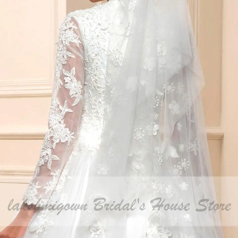 Roycebridal White Muslim Wedding Dress with Long Sleeves