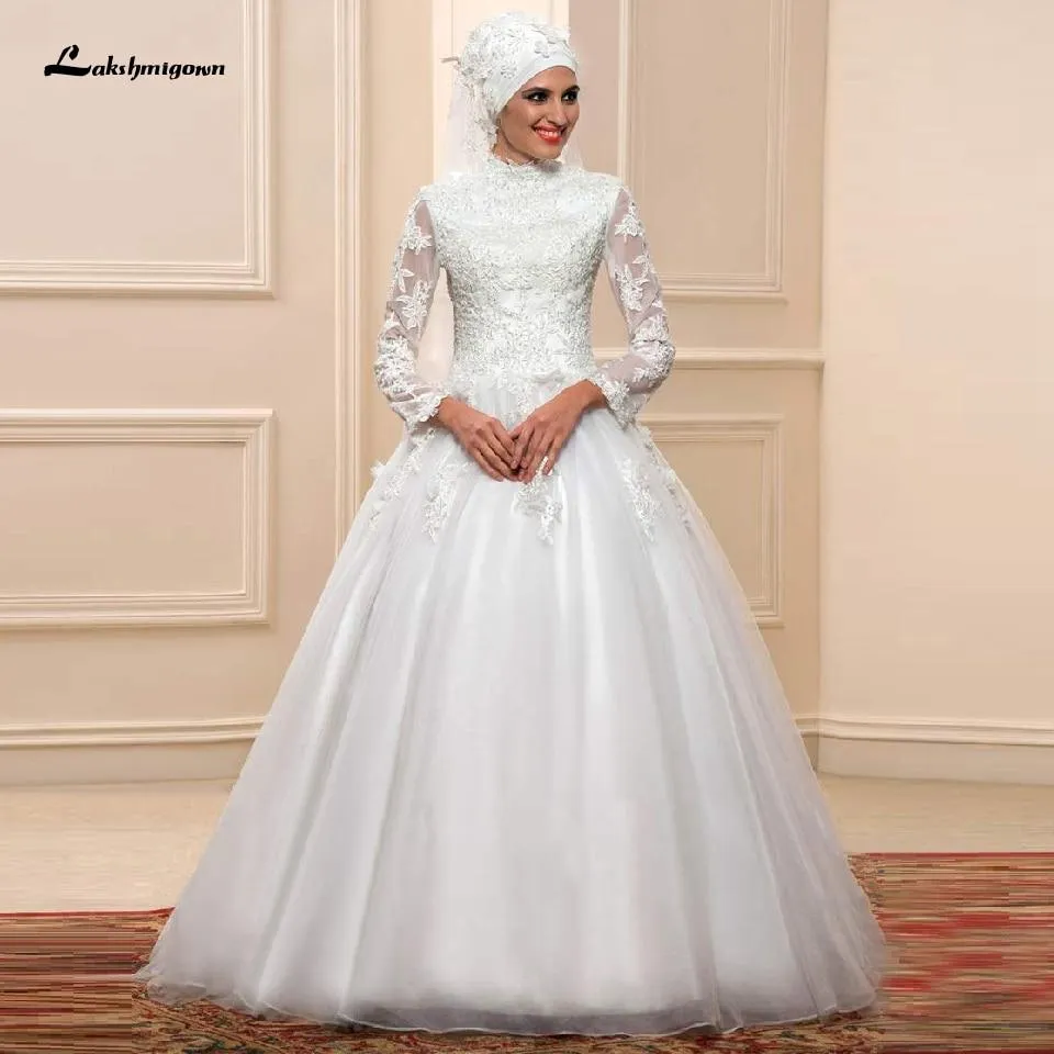 Roycebridal White Muslim Wedding Dress with Long Sleeves